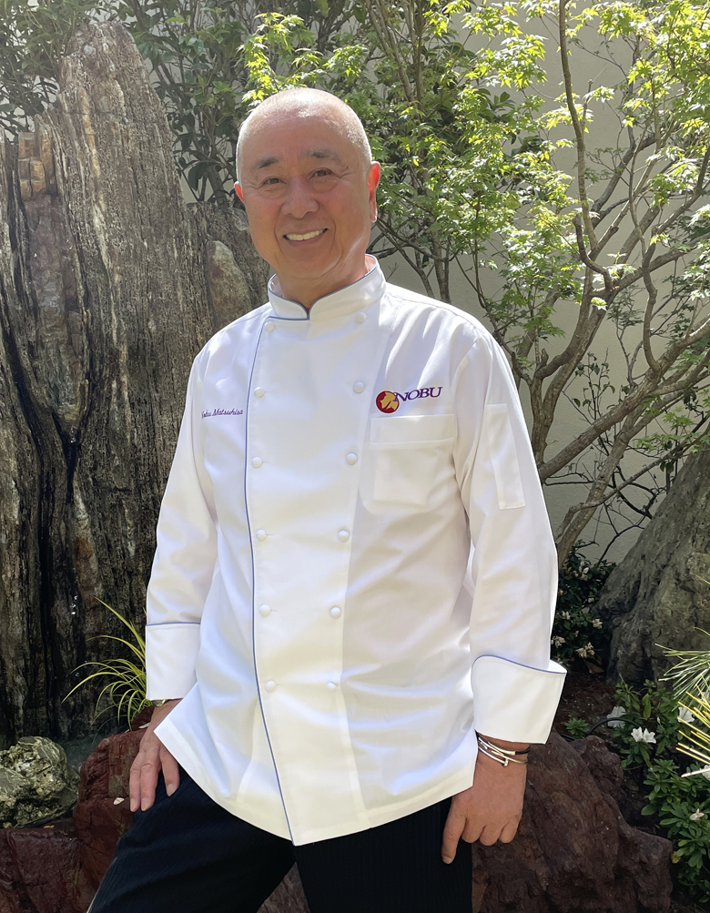 Chef Nobu Matsuhisa in the new garden dining space at Nobu Palo Alto.