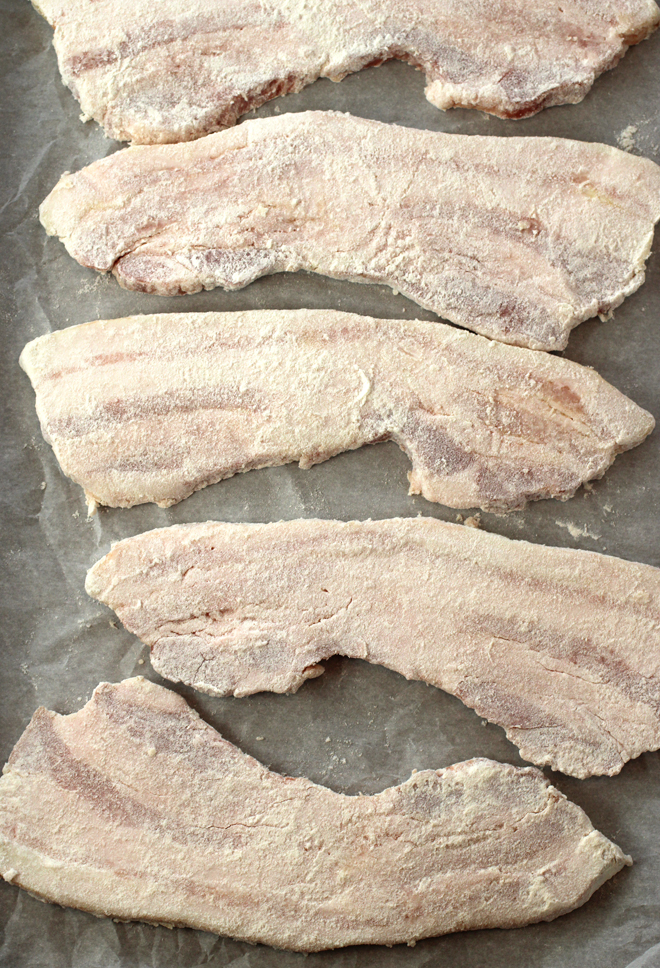 The night before, dust thick-cut bacon with flour, and refrigerate.
