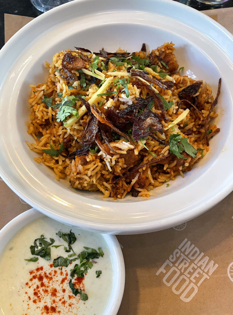 West Dilli butter chicken biryani -- one of the new regional biryanis at Curry Up Now.