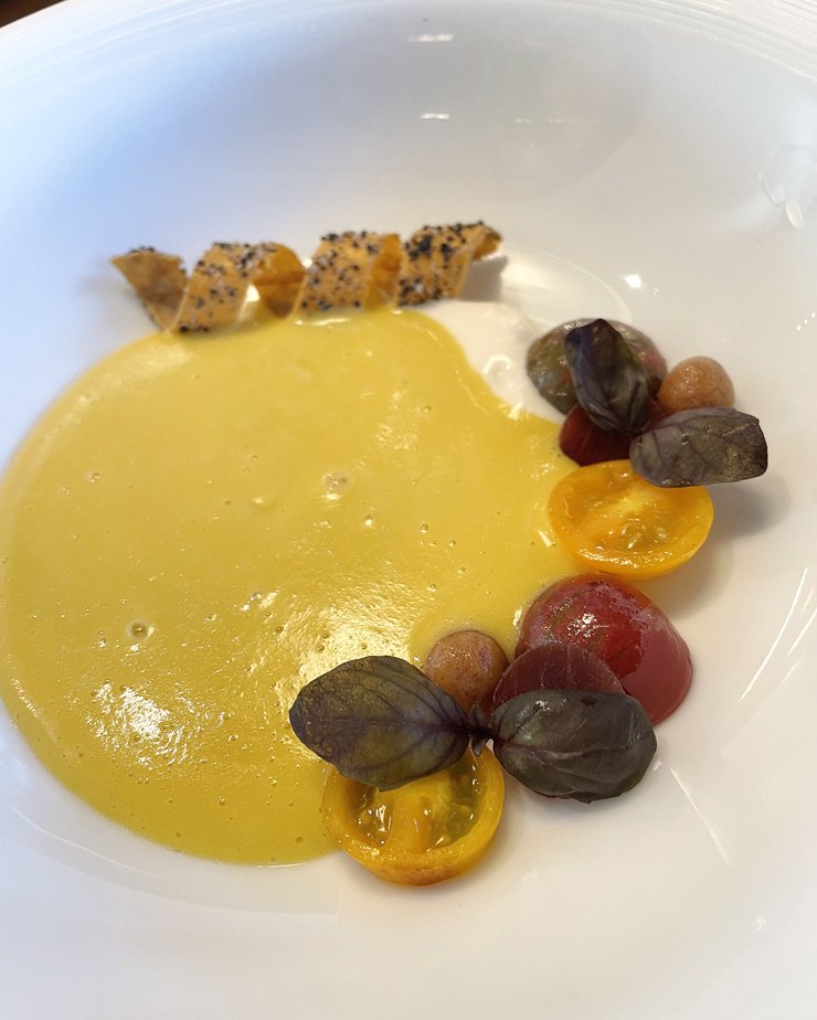 Corn veloute with everything-bagel tuille.