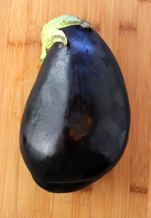 The globe eggplant before baking in the oven.