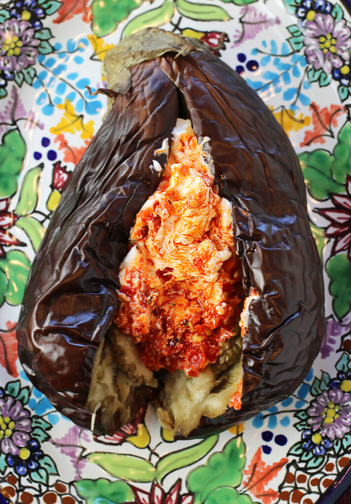 Creamy roasted eggplant gets dressed with yogurt and Calabrian chili.