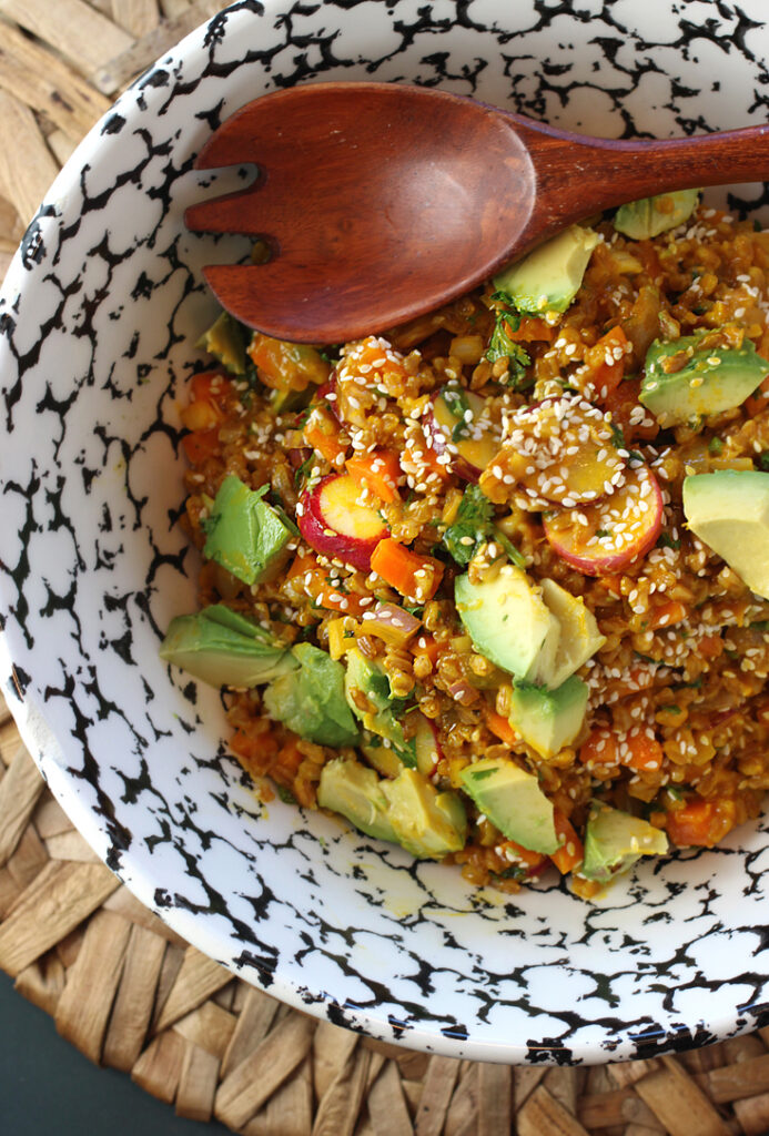 Chef Brooke Williamson's nourishing farro salad made with carrots and carrot juice.
