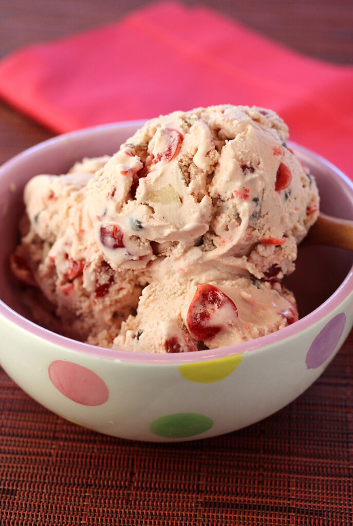 Cherry spumoni -- a celebration of almonds, chocolate, and glace cherries.