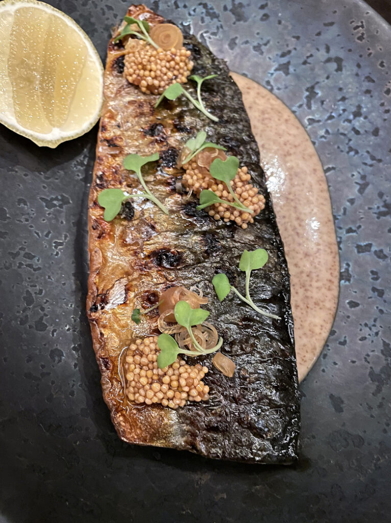 Grilled mackerel with pickled mustard seeds and honey-preserved ramps at Yokai.