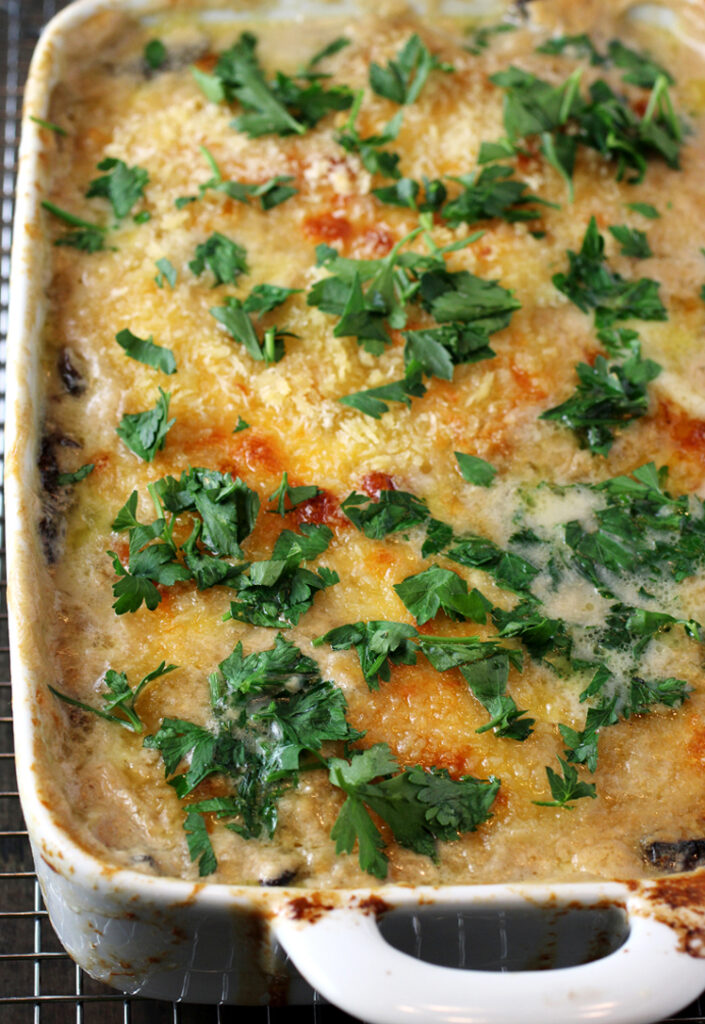 A potato and mushroom gratin made with miso.