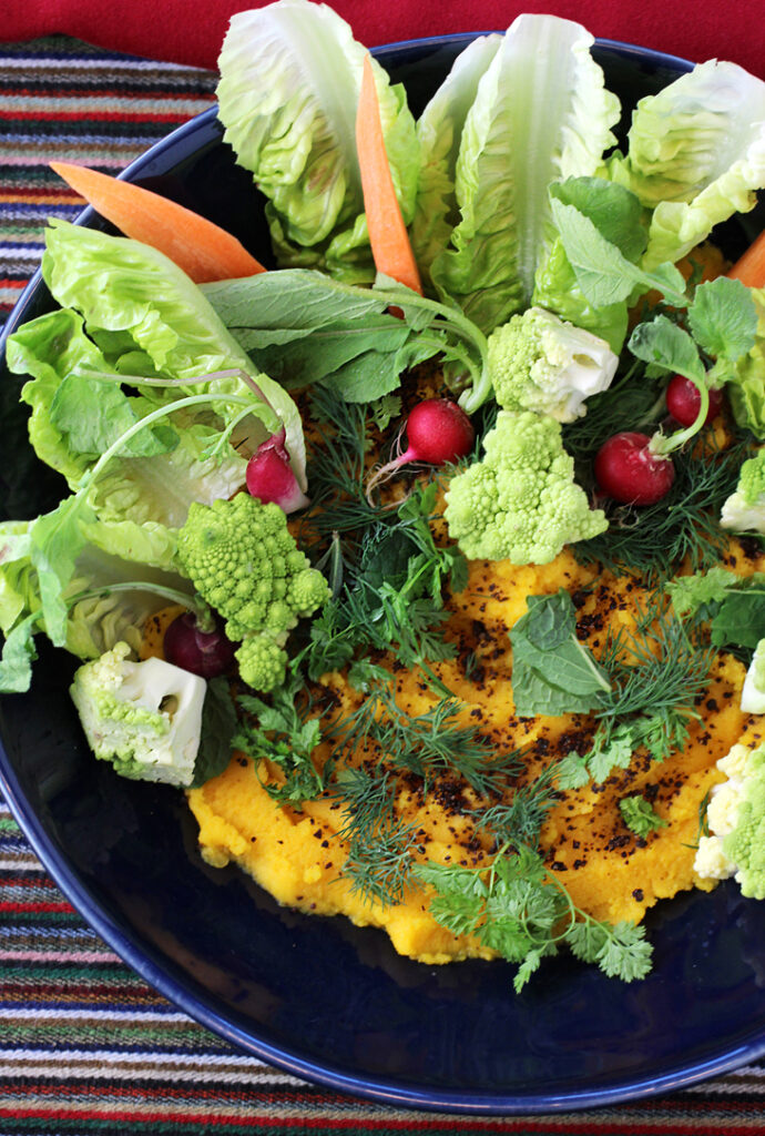 Chef Kim Alter's squash hummus with black bean salt and crudites that I enjoyed in the comfort of my own home.