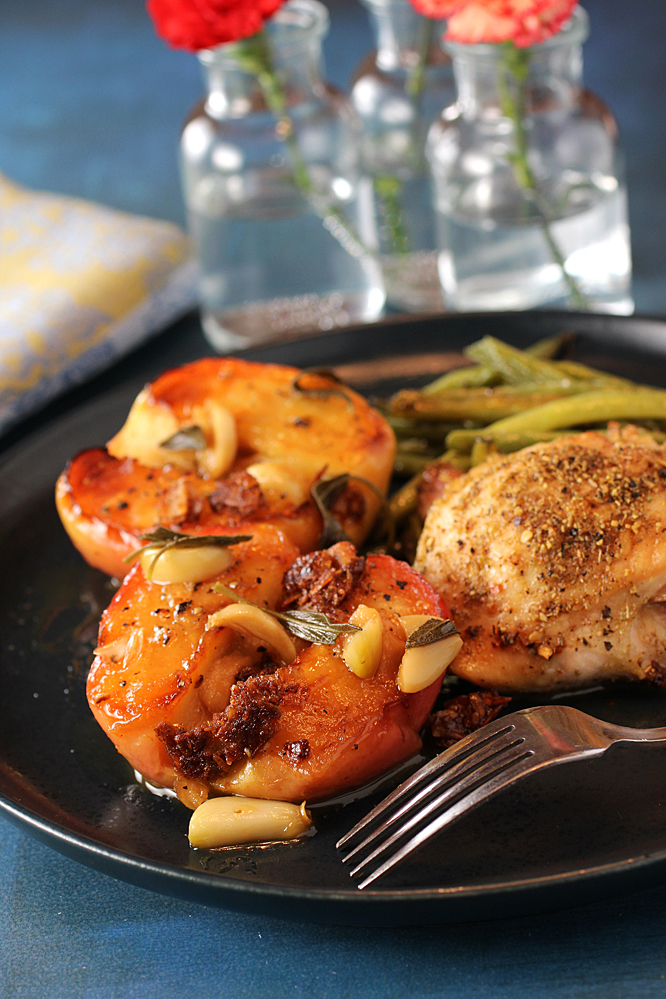 I served the braised apples with roasted chicken thighs and green beans.