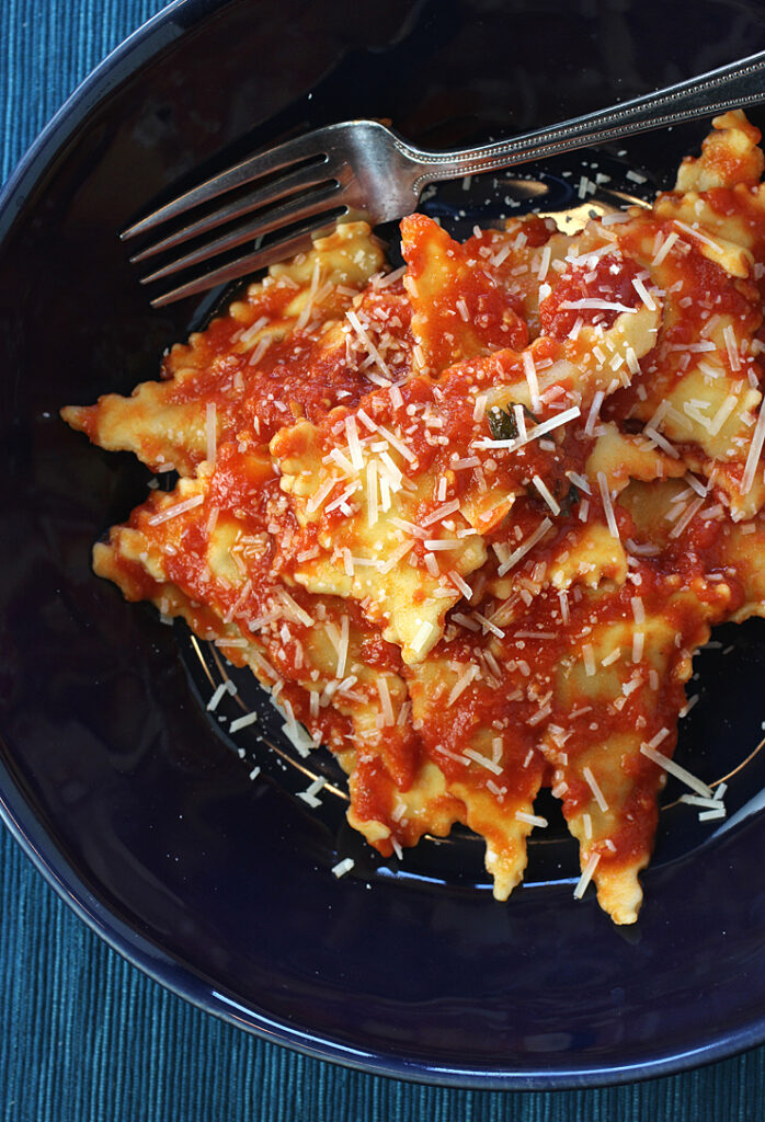 Veal triangoli with tomato sauce from Pasta Supply Co. to enjoy at home.