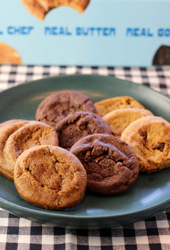 Chef Aaron London's new packaged cookies just hit store shelves. Left to right: Ginger Smack, Choco Choco, and Choco Chip.