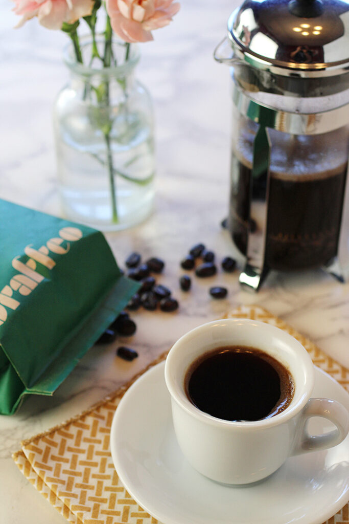 Graffeo Dark Roast prepared French press-style.
