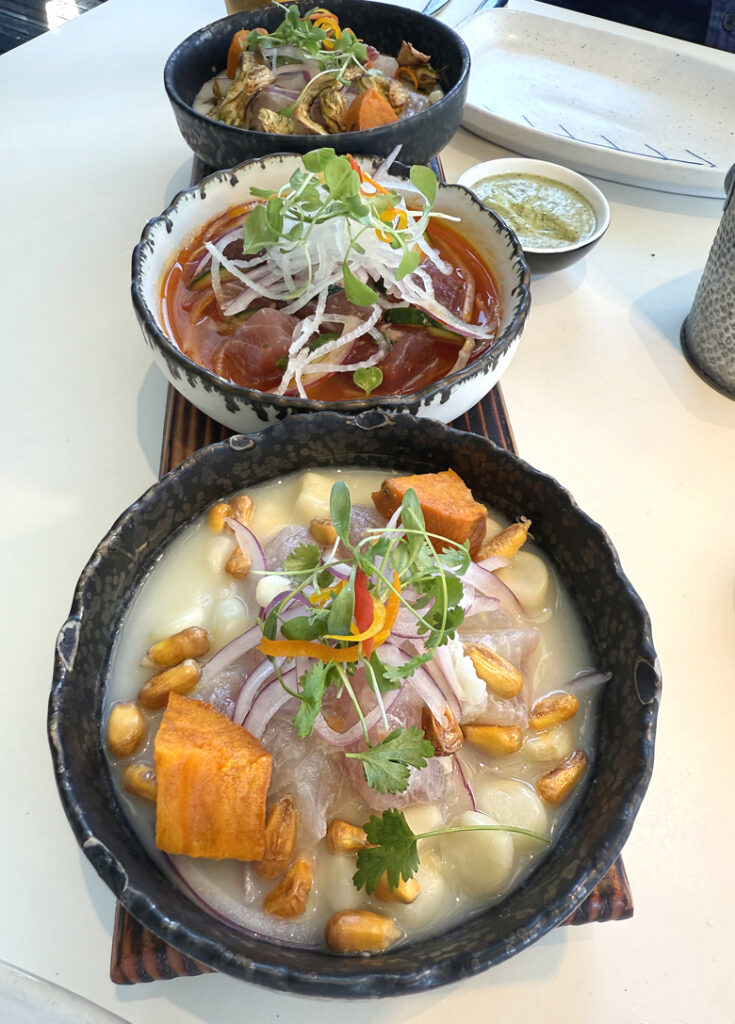 Cebiche tasting (front to back): Clasico, Nikkei, and Victoriano.