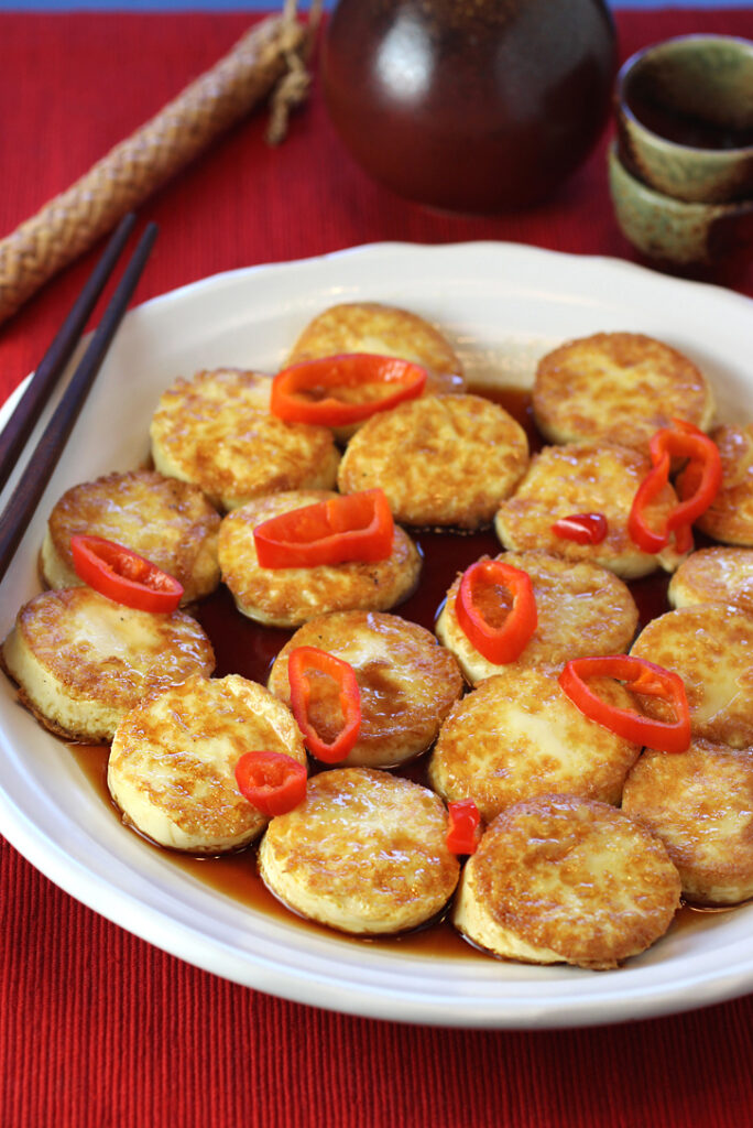 Crispy and custardy egg tofu with chili and honey.
