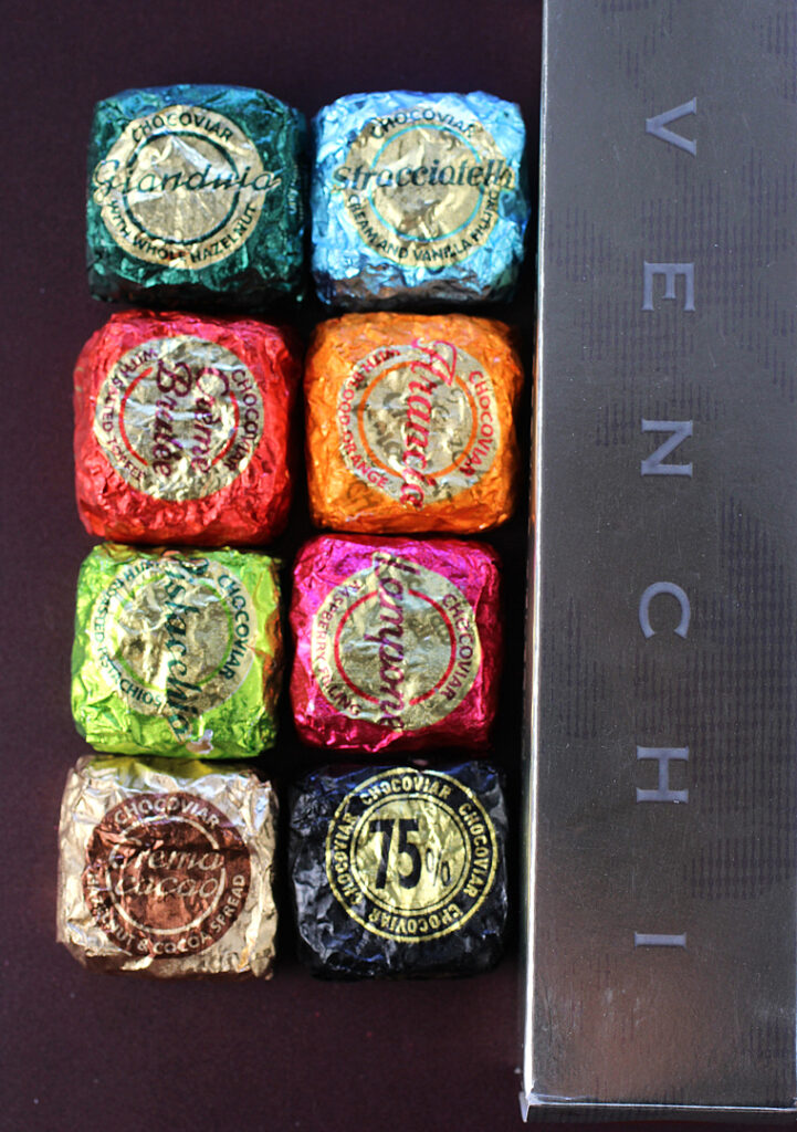 Sampler box of Venchi Cocovair bonbons.