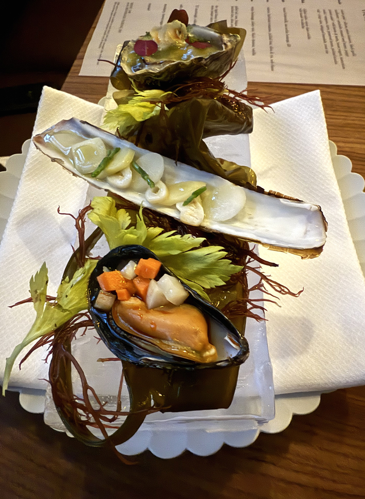 Oyster, mussel and razor clam on custom ice.