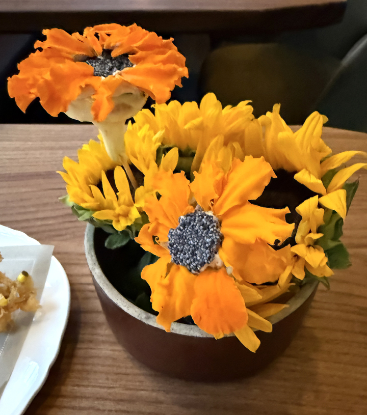 Artichoke hearts fashioned into sunflowers.