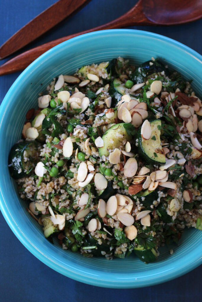Chewy, hearty bulgur is the foundation for this zucchini and pea pilaf.