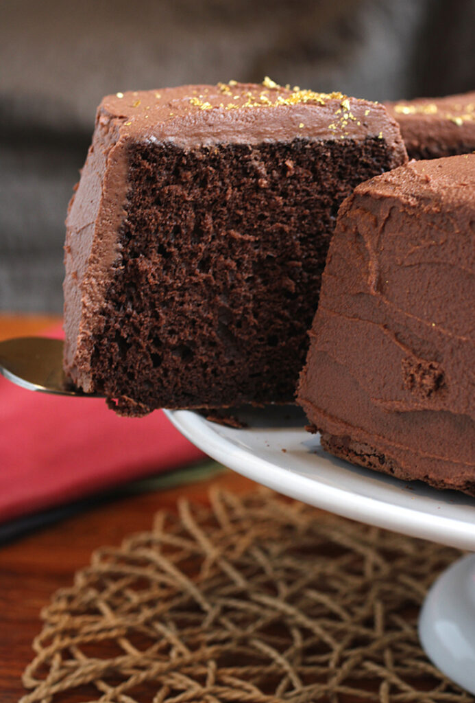 A chocolate chiffon cake with chocolate whipped cream that tastes lighter than you'd think.