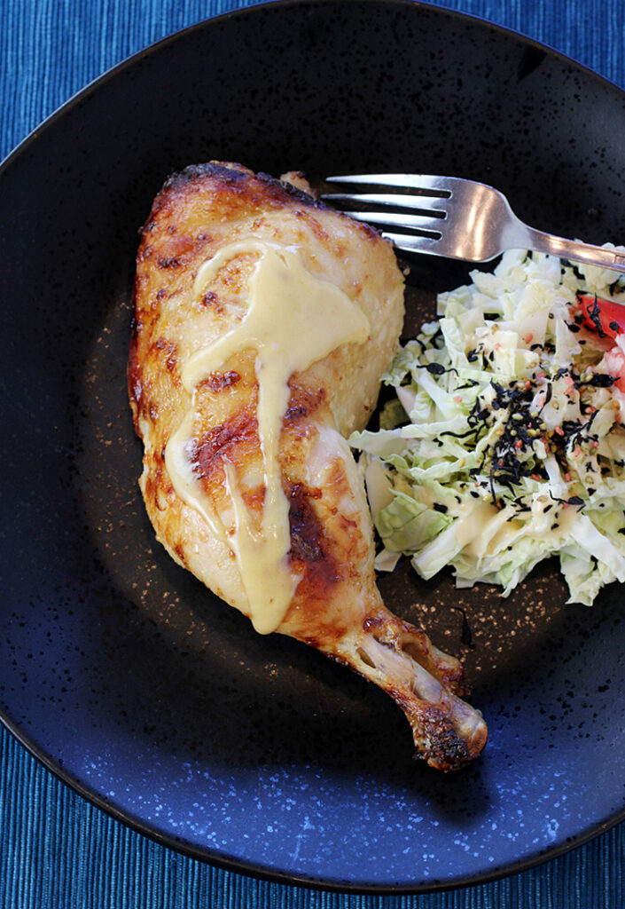 A creamy Kewpie mayo-miso dressing does double duty, marinating the chicken and finishing  a simple salad.