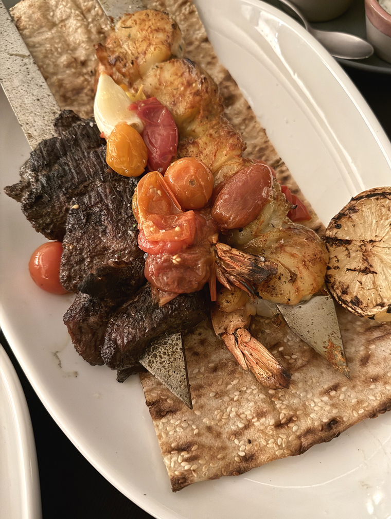 Shrimp and beef souvlaki at EMRE restaurant in the new Ava Hotel.