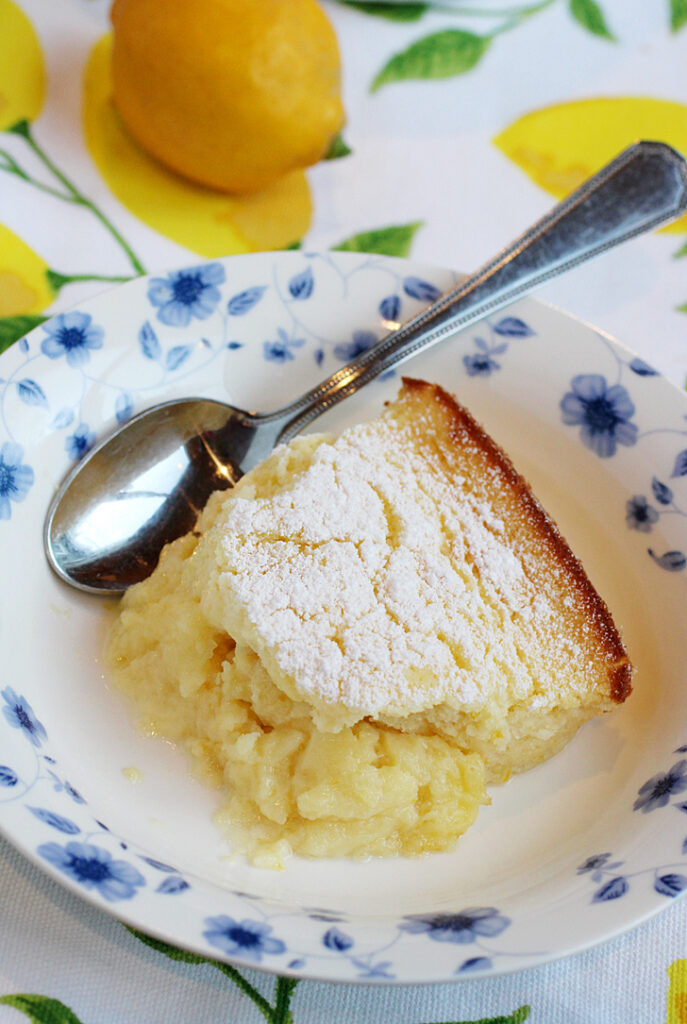 A super simple cake that bakes up souffle-like on top, and creamy pudding-like on the bottom.