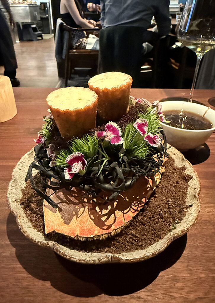 Dungeness crab and perilla tarts at Saison in San Francisco.
