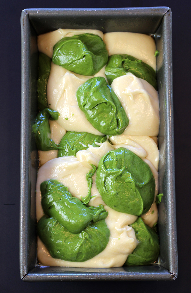 Drop spoonfuls of each batter into the pan before using a knife or skewer to swirl together.