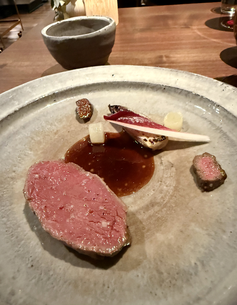 The plated antelope dish with broth in the background.