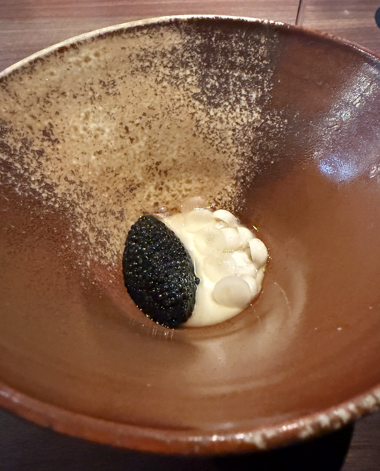 Smoked caviar and beech mushrooms.