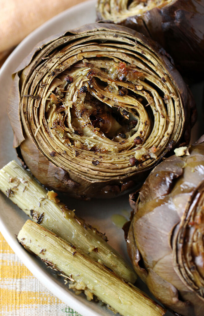 Oven-roasting leaves these artichokes even more flavorful and even juicy tasting.
