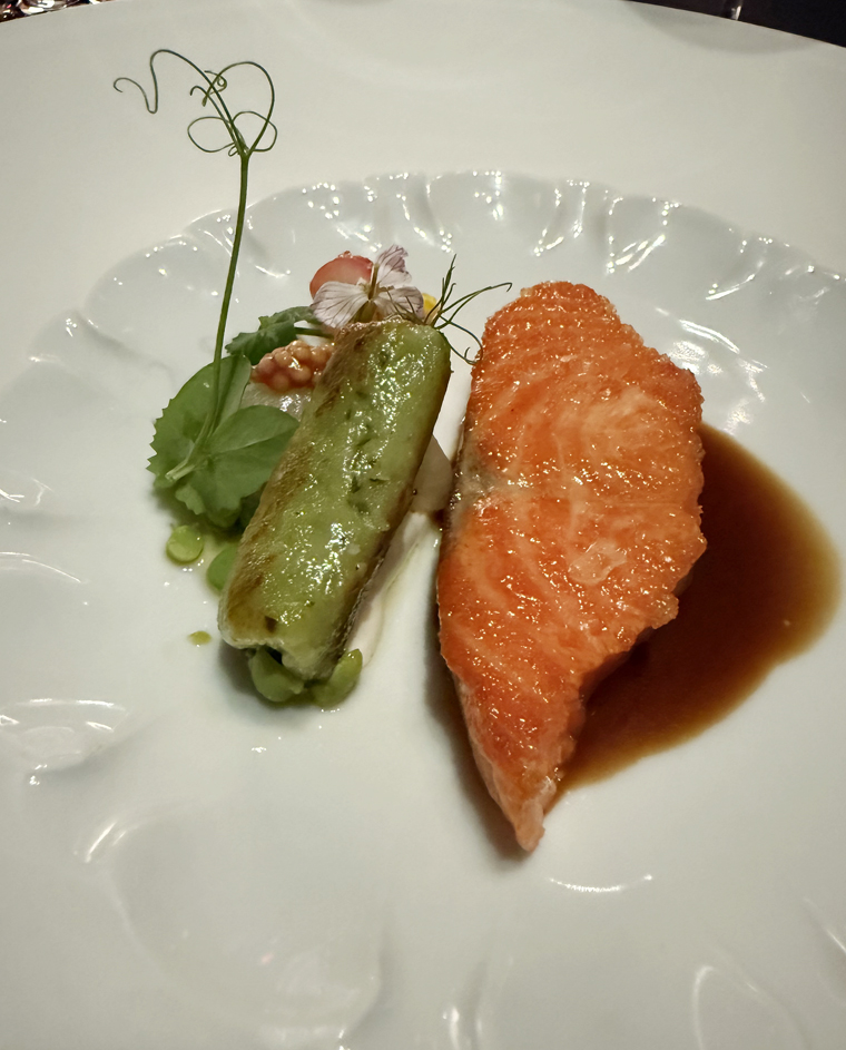 Salmon cooked on only one side.