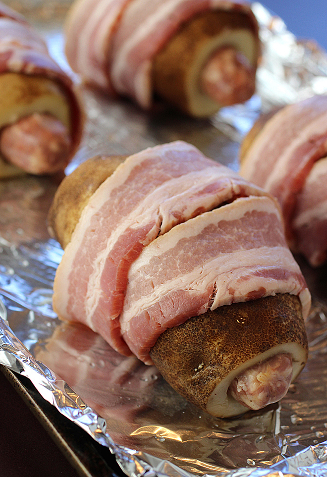 Wrapped in bacon, and ready to go into the oven.