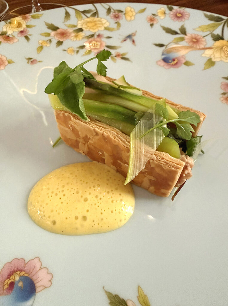 Mille-feuille of foie gras and asparagus at Alo.