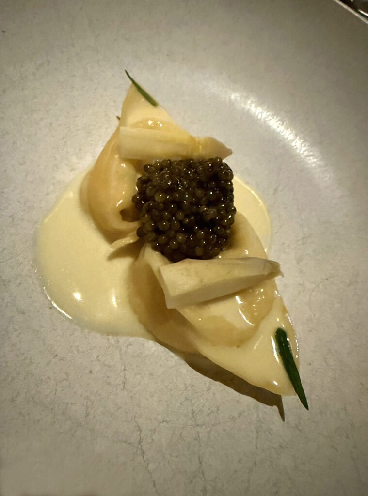 Heavenly white asparagus tortelloni at Quince.