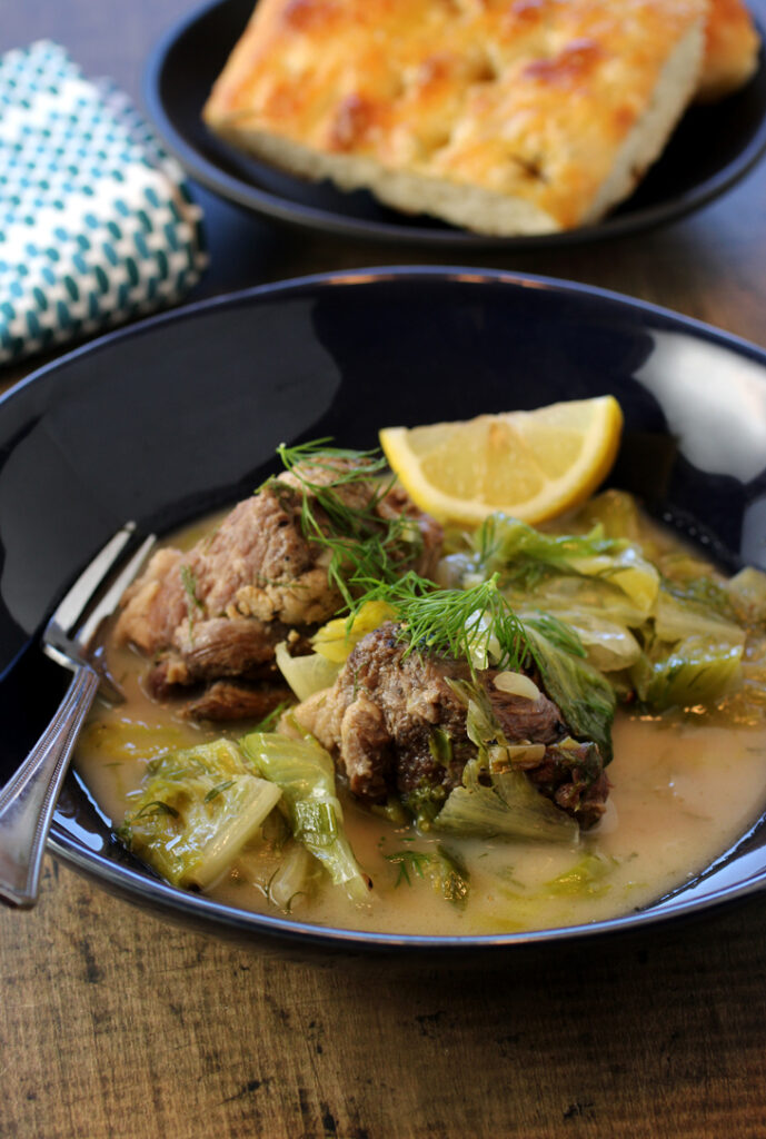 Romaine lettuce gets cooked in this braised lamb dish.