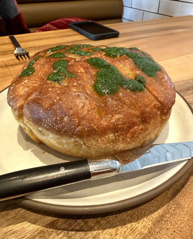 Warm focaccia with herb oil.