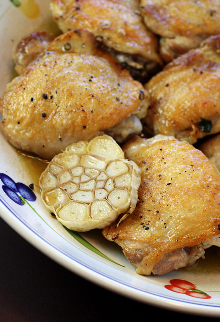 Pan-cooked chicken with plenty of garlic and sherry by Jose Andres.