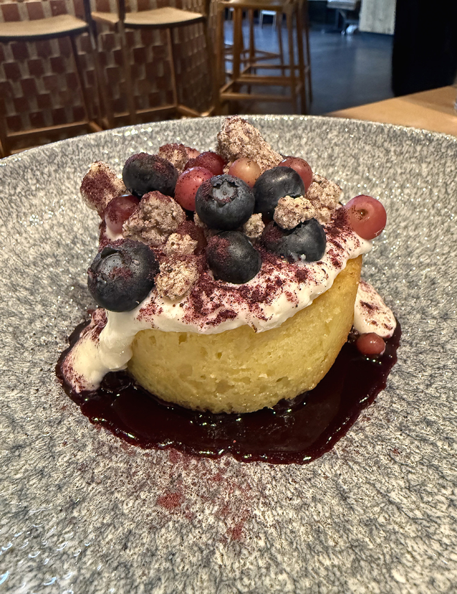 Blueberry-topped olive oil polenta cake.