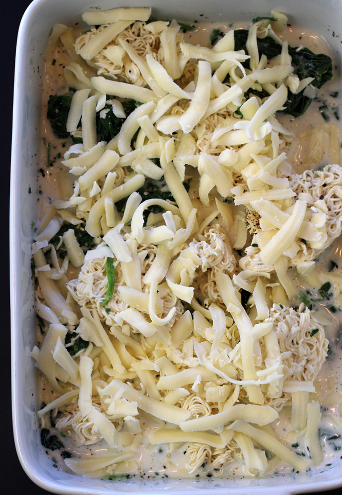 Stir everything up in a baking pan, then put into the oven.