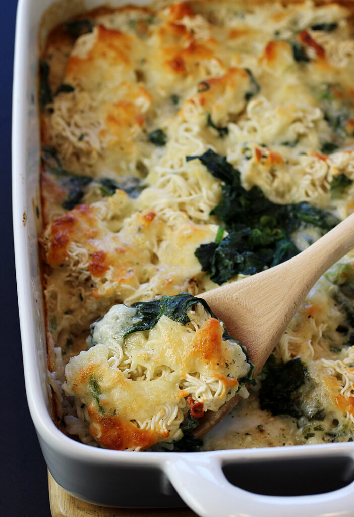Transform your favorite instant ramen into a version of mac and cheese with spinach.