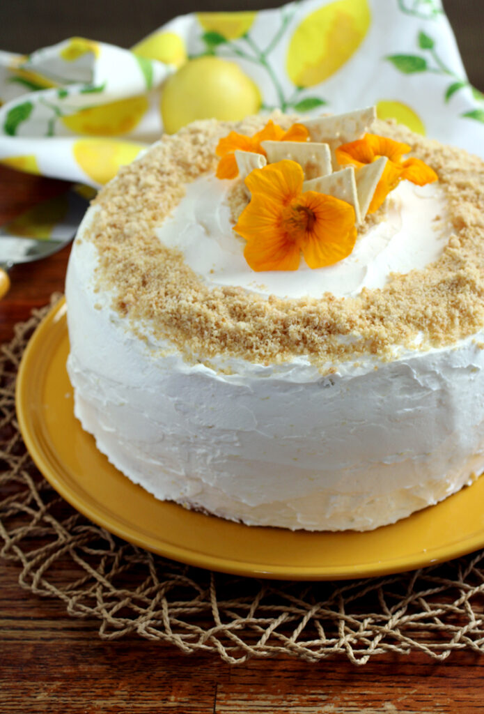 This bright and sunny cake is unusual in that it's actually made with saltine crackers.