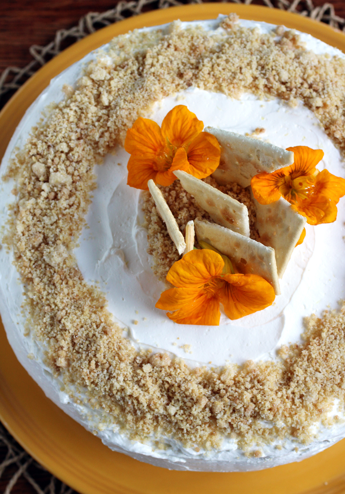 You can decorate the cake however you like. I used the saltine cracer crumbs plus broken shards of saltines, and a few homegrown nasturtiums.