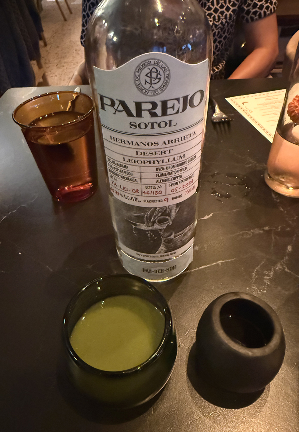 Parejo Cedrosanum Sotol with tomatillo chaser.