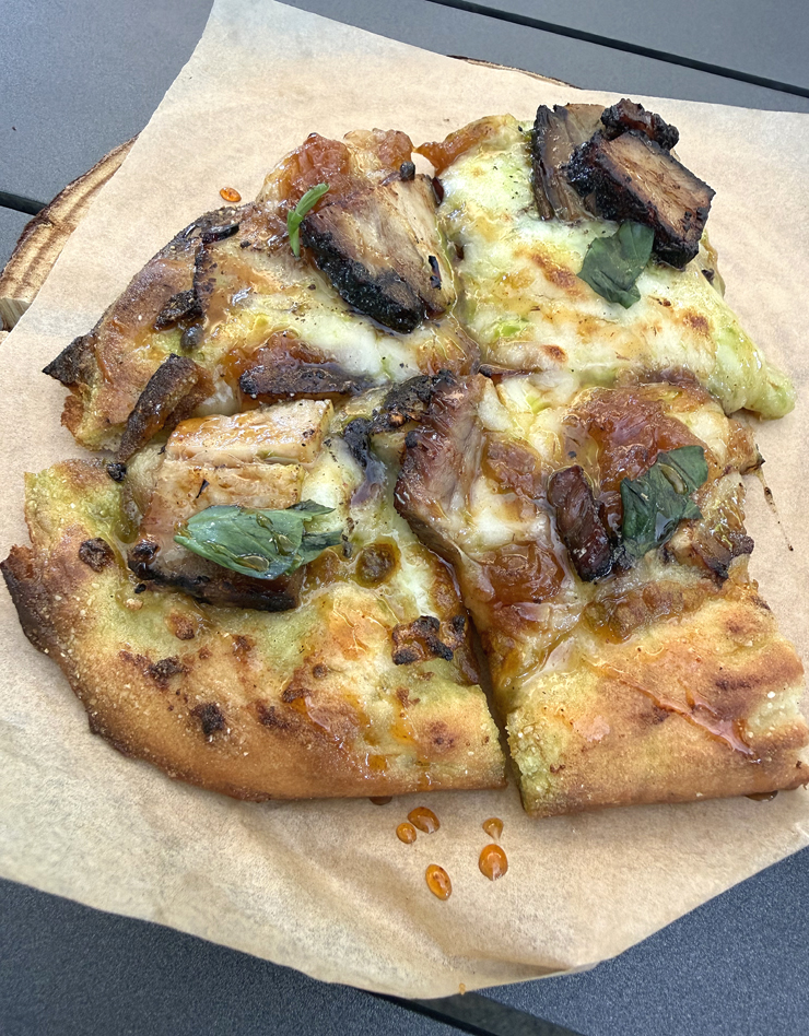 Pork belly and peach flatbread.