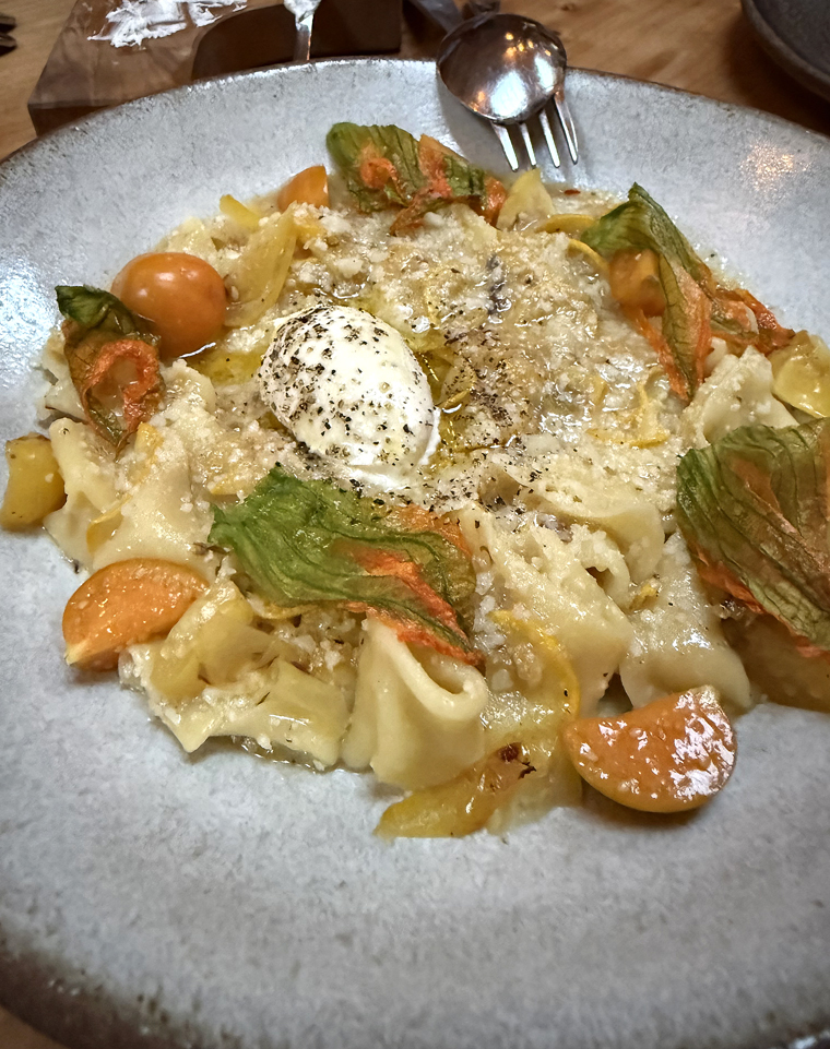 Sorpresine with squash blossoms.