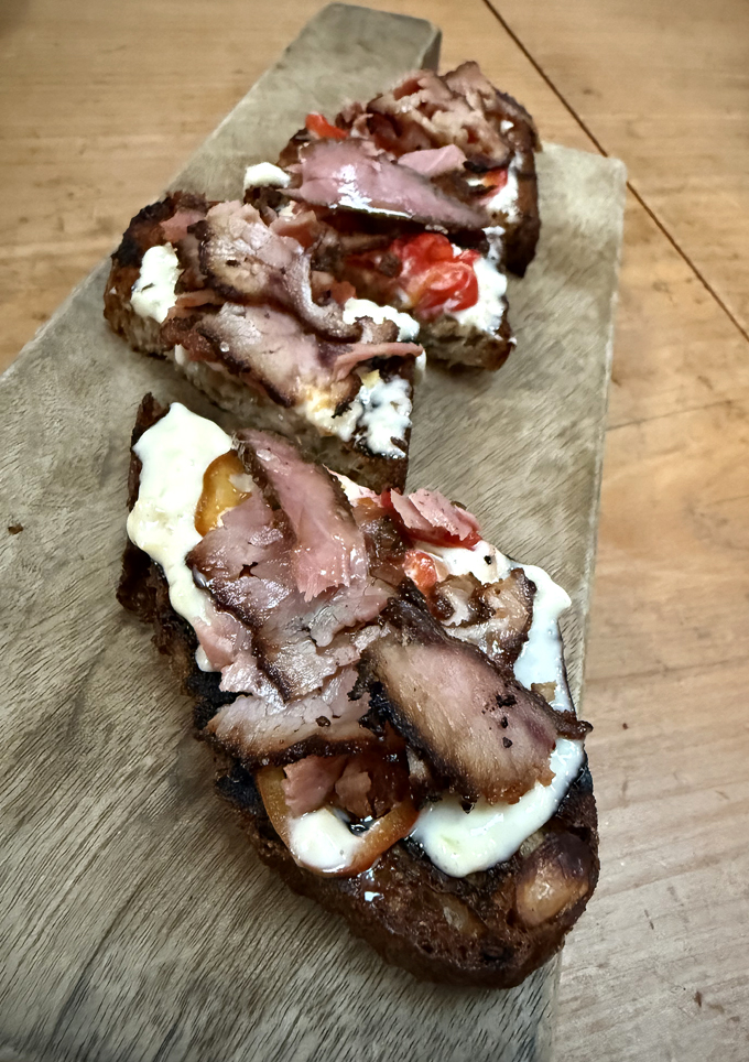 Scrumptious smoked tuna belly toast.